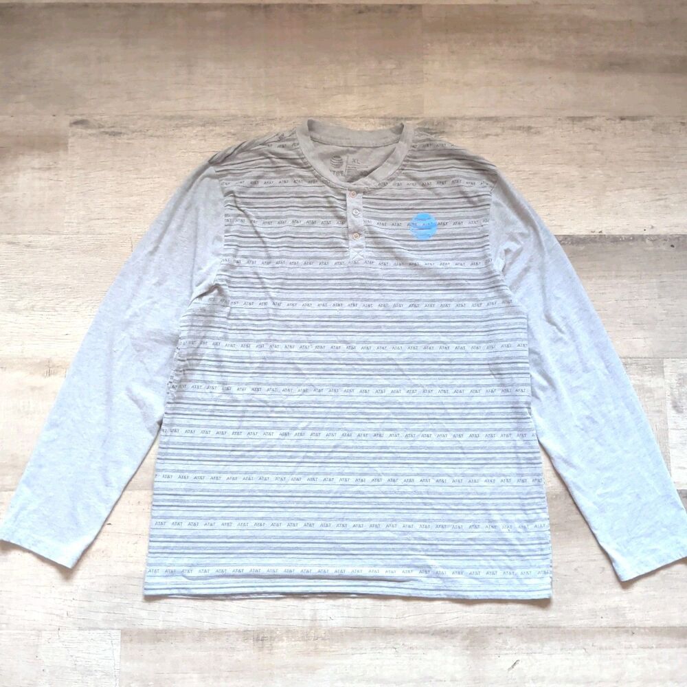 ​AT&T Employee Uniform Long Sleeve Henley Shirt Men's XL Gray Striped Corporate